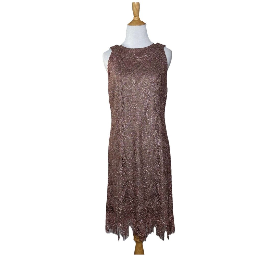 Vintage S.L. Fashions Metallic Rose Gold Crochet Lace Halter Fringe Dress Sz 16